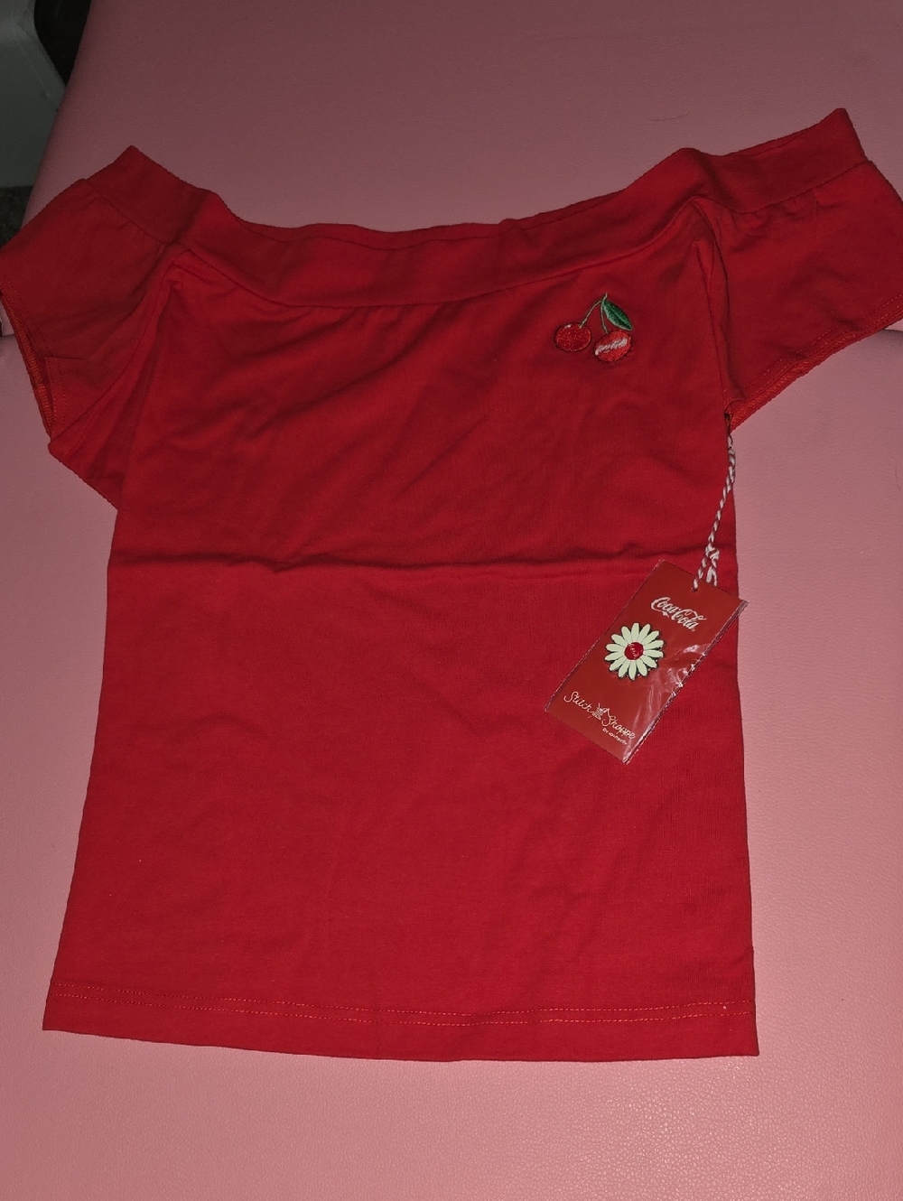 Loungefly Stitch Shoppe Coca Cola Red Off-Shoulder Crop Top with Cherry Patch